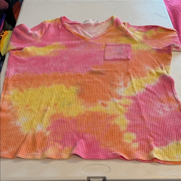 #26. 🪷Waffle knit Tie-Dye Shirt - Pink, Orange, Yellow 2x - Picture 4 of 9